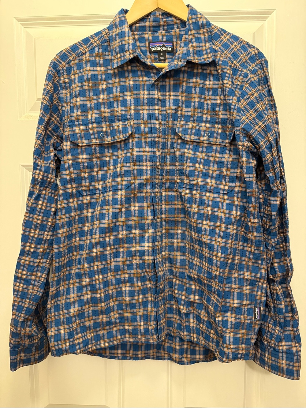 Patagonia Blue and Tan Plaid Shirt with Yellow Accents